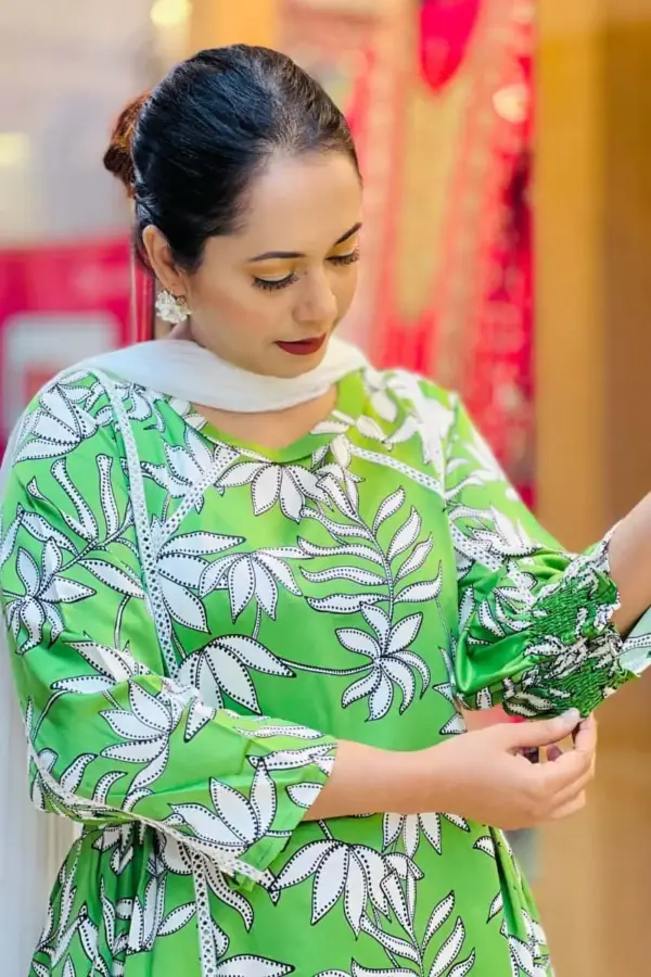 parrot green color makhon silk printed co ords