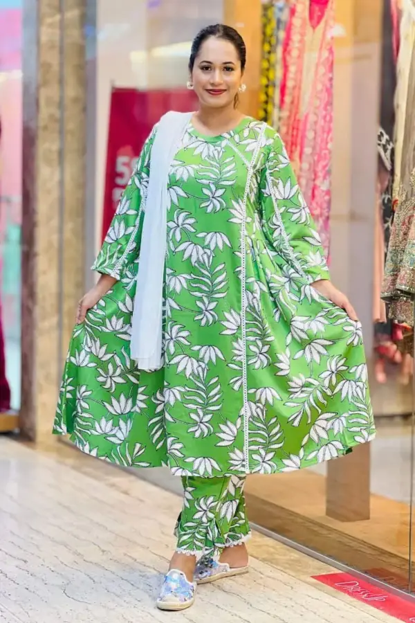 parrot green color makhon silk printed co ords