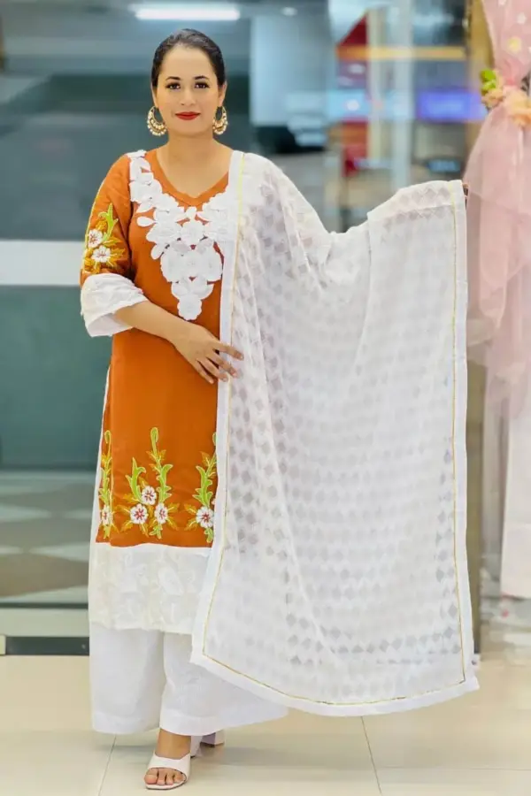 burnt umber jacquard cotton shalwar suit