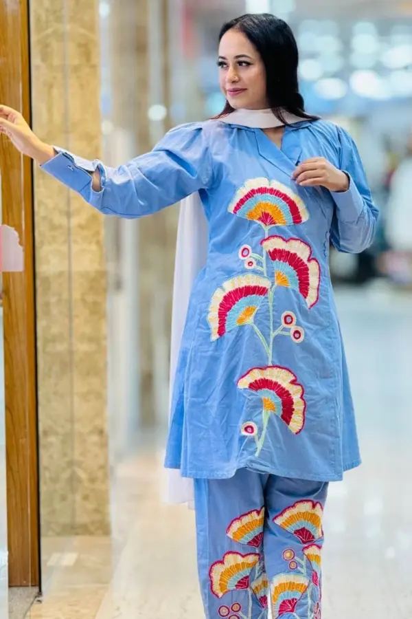 sky blue denim chambray with embroidered co ord's