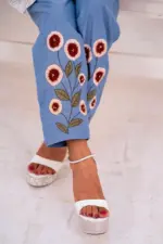 riviera blue chambray fabric embroidered pant