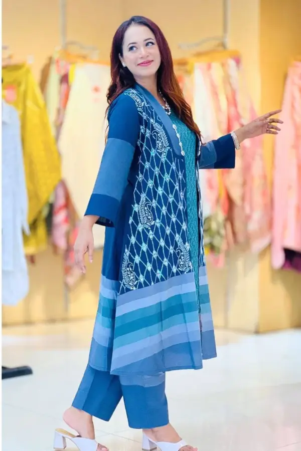 sea green cotton embroidered shrug set
