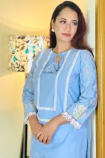 light sky blue denim chambray screen printed co ords