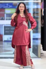 maroon colour arabian silk co ords with machine embroidery