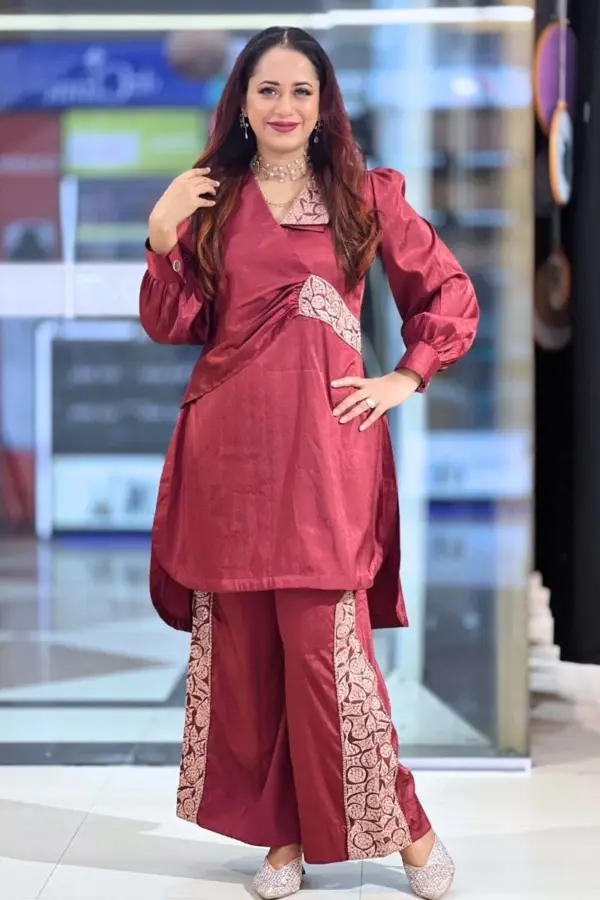 maroon colour arabian silk co ords with machine embroidery