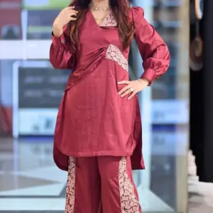 maroon colour arabian silk co ords with machine embroidery