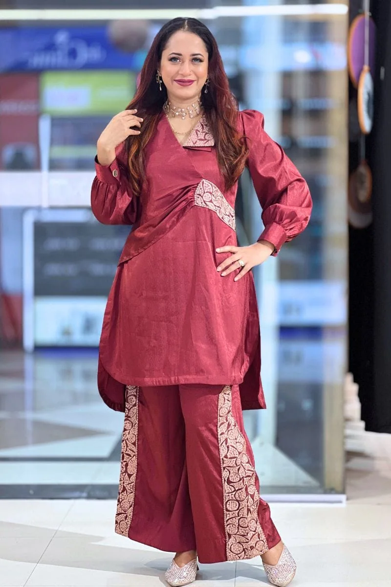 maroon colour arabian silk co ords with machine embroidery maroon colour arabian silk co ords with machine embroidery