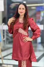 maroon colour arabian silk co ords with machine embroidery