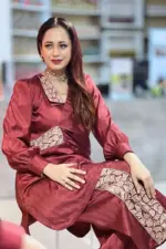 maroon colour arabian silk co ords with machine embroidery
