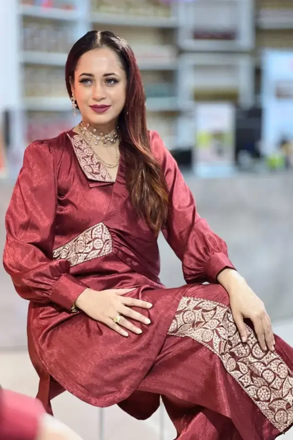 maroon colour arabian silk co ords with machine embroidery