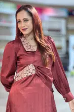 maroon colour arabian silk co ords with machine embroidery