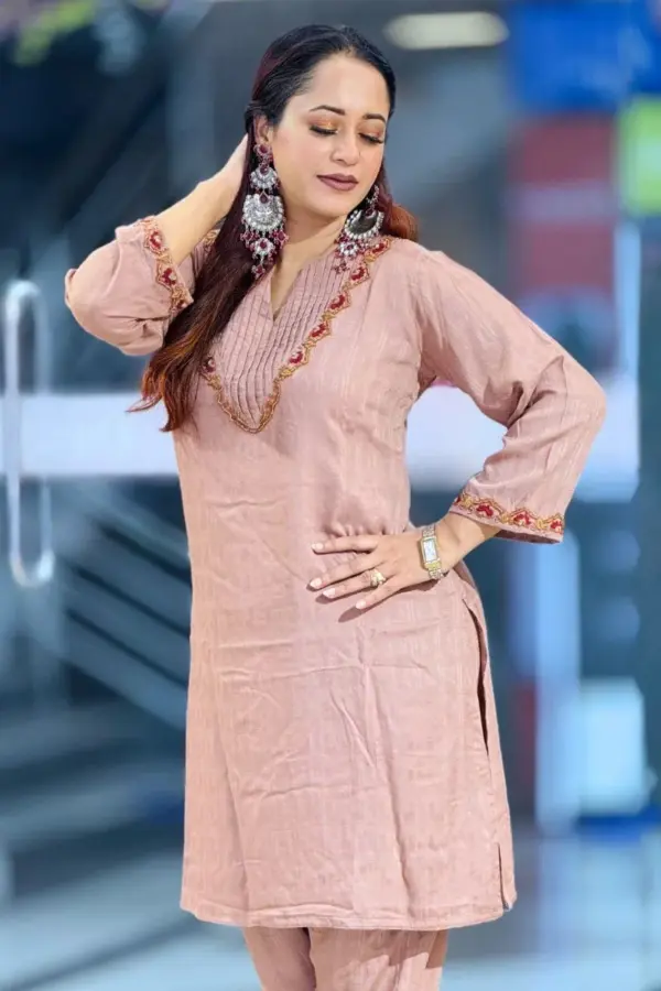 rayon jacquard rose brown hand embroidered co ords set