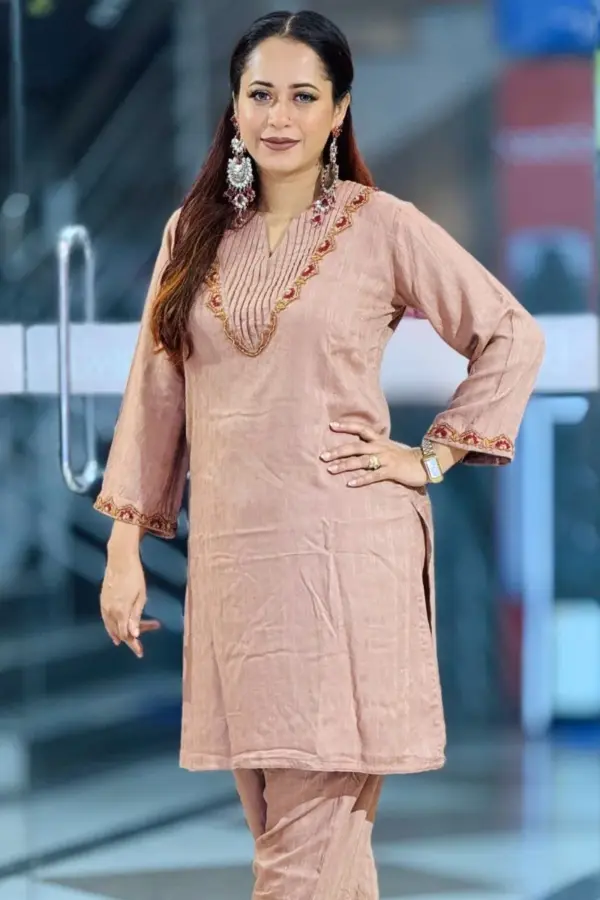 rayon jacquard rose brown hand embroidered co ords set