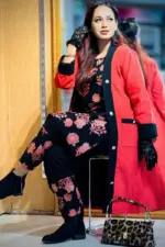 brick orange cord & black flannel screen printed shrug set