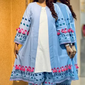 sky blue color chembray shrug set with s/p