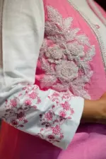 white twill pink jacquard coaty set