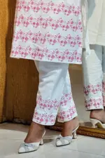 white twill pink jacquard coaty set