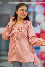 mauve pink silk machine embroidered tops