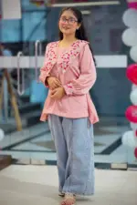 mauve pink silk machine embroidered tops