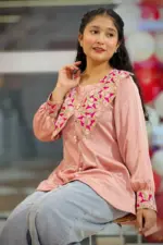 mauve pink silk machine embroidered tops