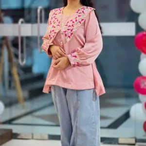mauve pink silk machine embroidered tops