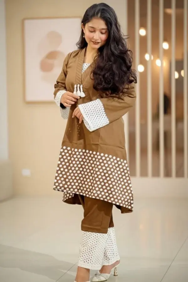 brown & white jacquard screen printed co ords