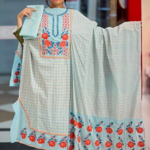 light peach screen printed & hand embroidered salwar suit