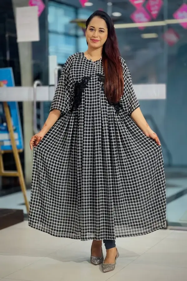 black & cream check printed machine embroidered midi