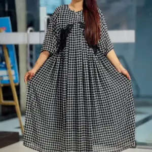 black & cream check printed machine embroidered midi