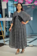 black & cream check printed machine embroidered midi