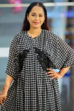 black & cream check printed machine embroidered midi