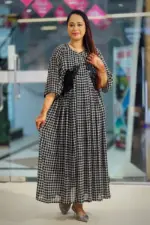 black & cream check printed machine embroidered midi