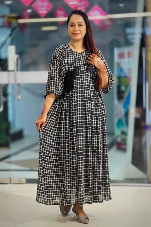 black & cream check printed machine embroidered midi