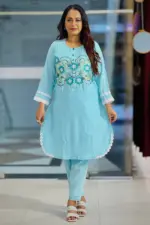 light sky blue cotton jacquard machine embroidered and screen printed co ords