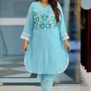light sky blue cotton jacquard machine embroidered and screen printed co ords