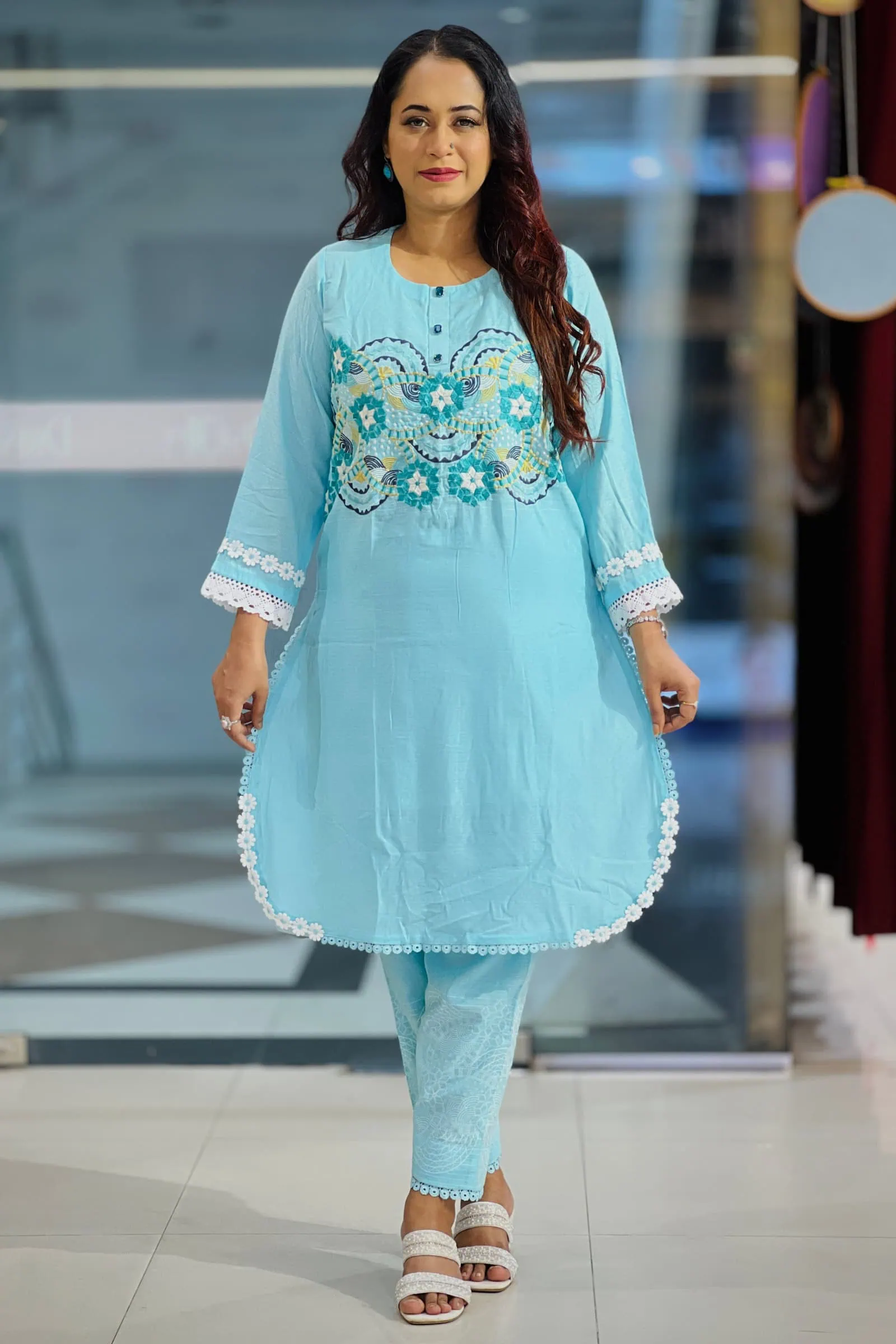 light sky blue cotton jacquard machine embroidered and screen printed co ords light sky blue cotton jacquard machine embroidered and screen printed co ords