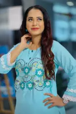 light sky blue cotton jacquard machine embroidered and screen printed co ords