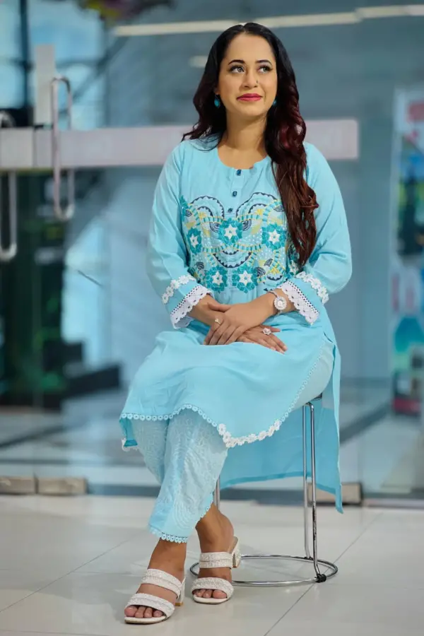 light sky blue cotton jacquard machine embroidered and screen printed co ords