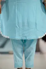 light sky blue cotton jacquard machine embroidered and screen printed co ords