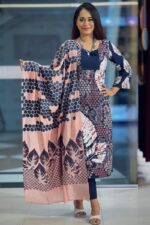 navy blue & peach viscose screen printed salwar suit