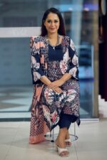 navy blue & peach viscose screen printed salwar suit