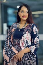 navy blue & peach viscose screen printed salwar suit