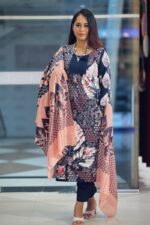 navy blue & peach viscose screen printed salwar suit