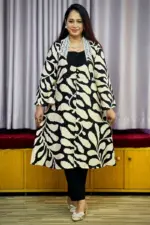 black and cream colour printed rayon shrug set