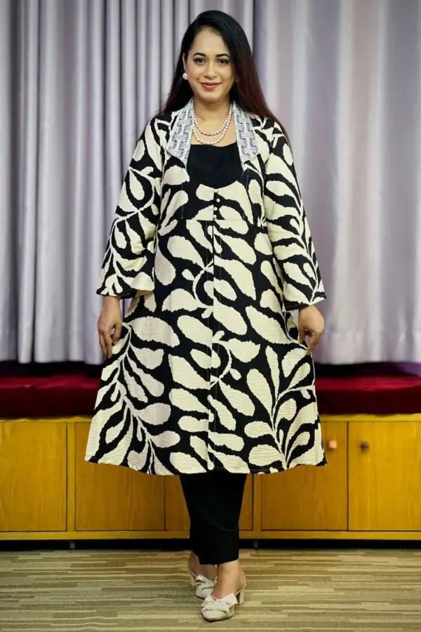 black and cream colour printed rayon shrug set