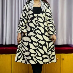 black and cream colour printed rayon shrug set