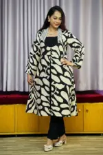 black and cream colour printed rayon shrug set