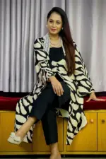 black and cream colour printed rayon shrug set
