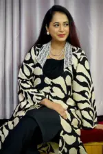 black and cream colour printed rayon shrug set