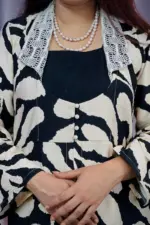 black and cream colour printed rayon shrug set